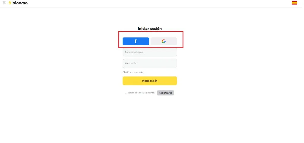Pantalla de inicio de sesión de Binomo con botones de acceso social