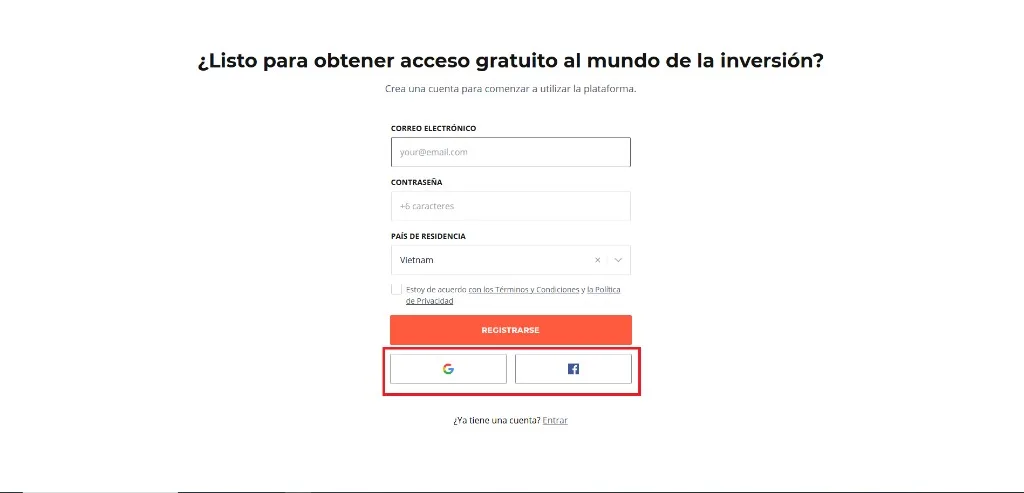 Pantalla de registro de IQ Option con botones de acceso social