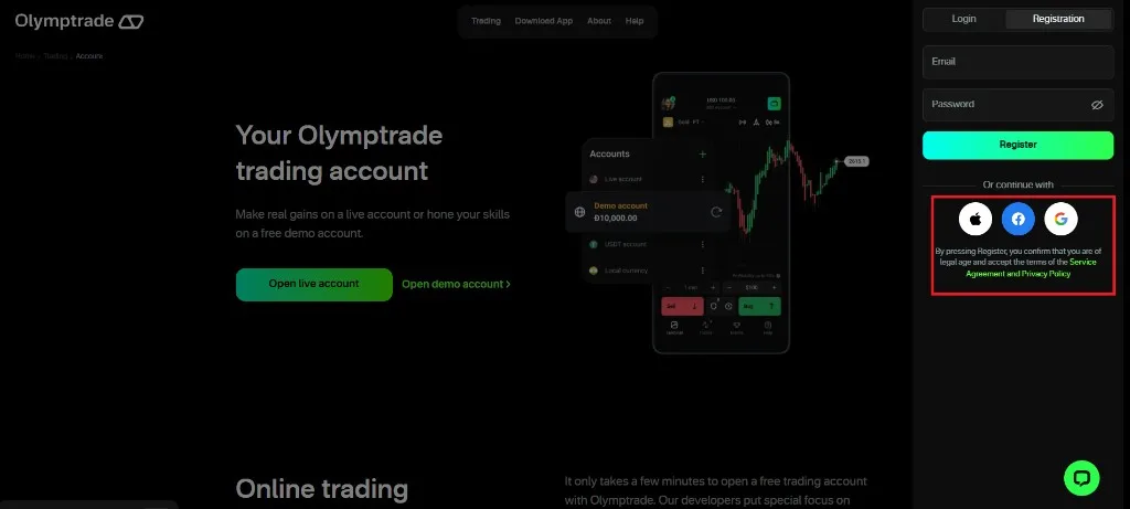 Pantalla de registro de Olymp Trade con botones para continuar con redes sociales