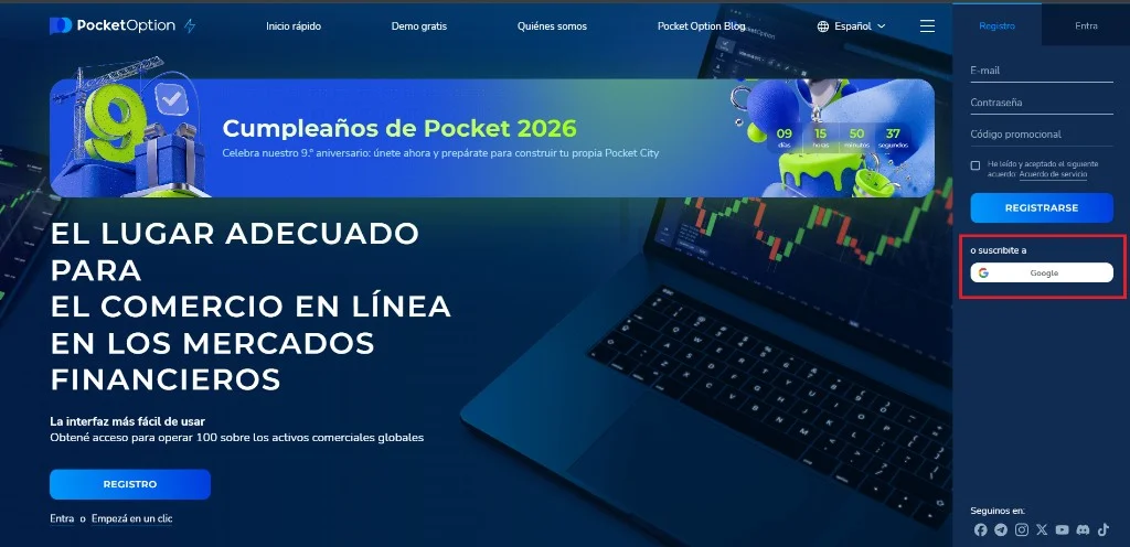 Pantalla de registro de Pocket Option con opción de acceso social