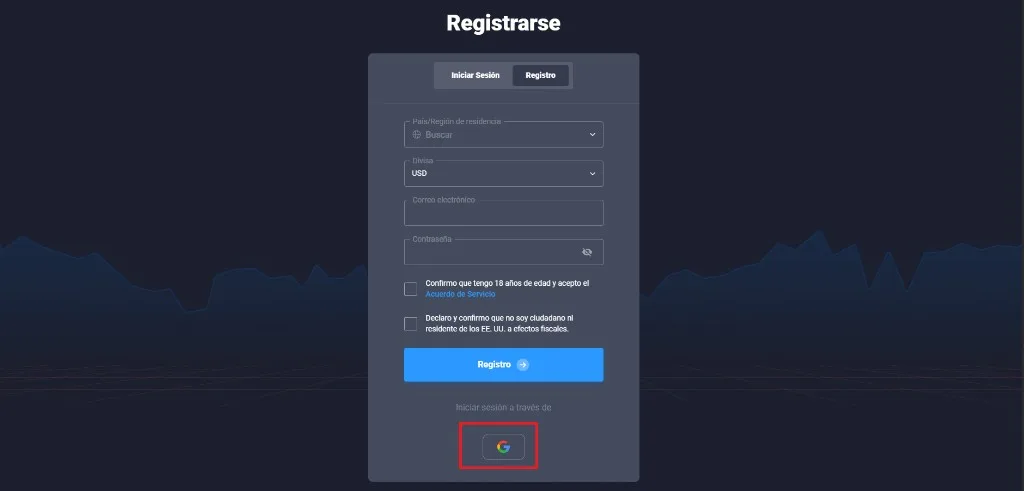 Pantalla de registro de Quotex con opción de inicio de sesión social